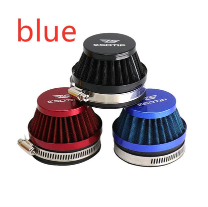 Universal motorcycle air filter E-DGT in 48mm, 55mm, and 60mm sizes, available in black, blue, and red