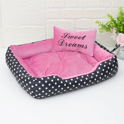 Polka dot print square nest dog bed for small dogs with a removable embroidery pillow in grey, blue, pink, or red.