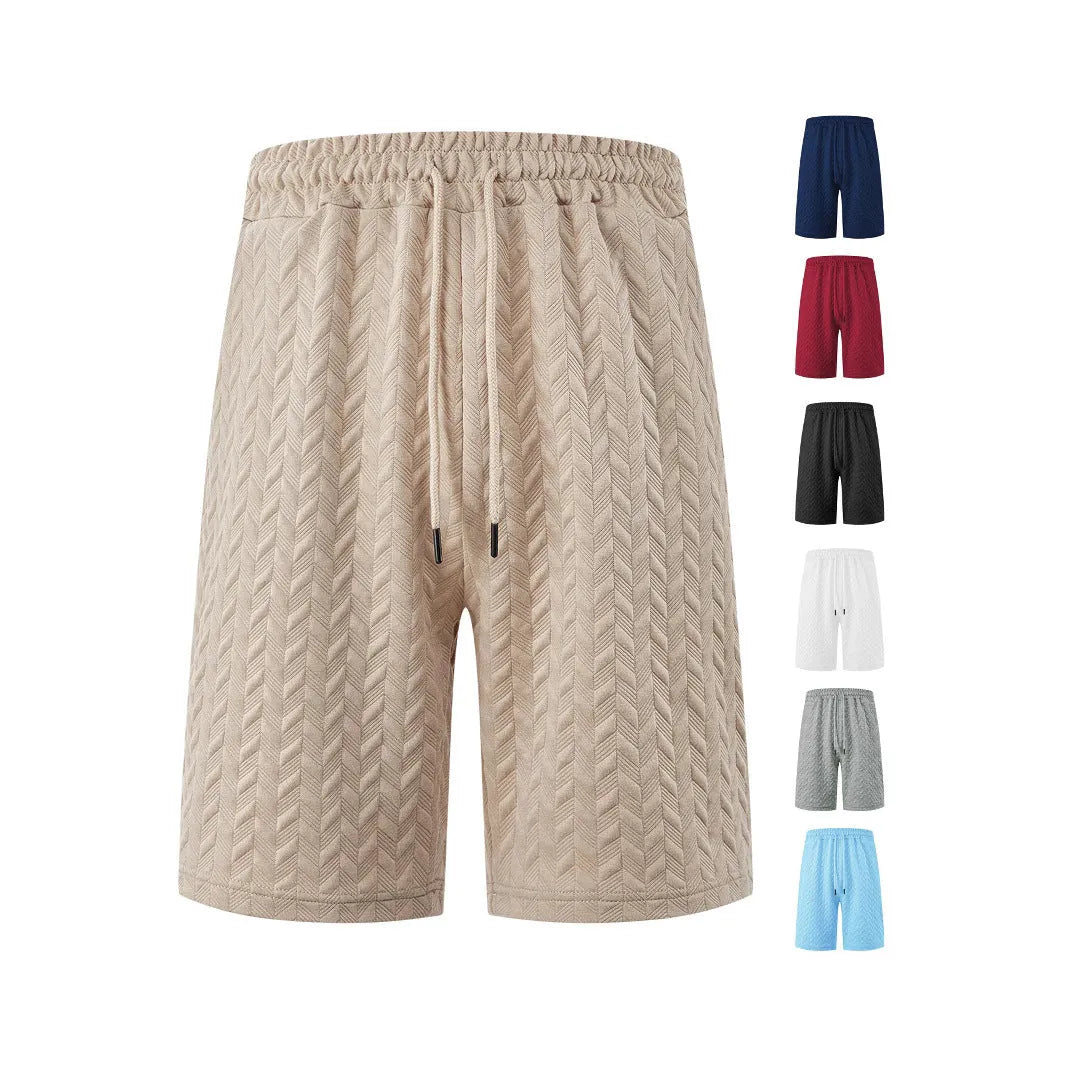Men's loose jacquard drawstring casual beach pants in polyester, shorts length, available in seven colours and sizes S to 3XL