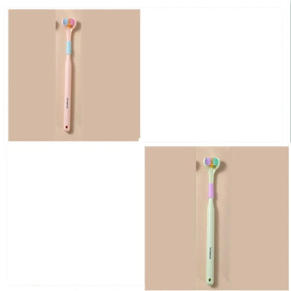 A soft bristle toothbrush with a unique triple-sided brush head for deep cleaning and customizable bristle firmness.