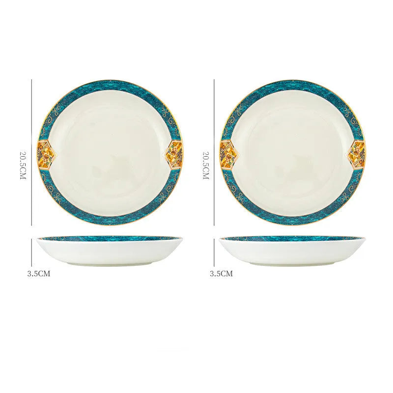 Round porcelain dinner plate with Nordic plant and flower design, flat disk shape, glaze colour finish