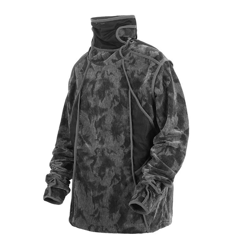 Men's black tie dye printed finger turtleneck sweater with drop-shoulder sleeves