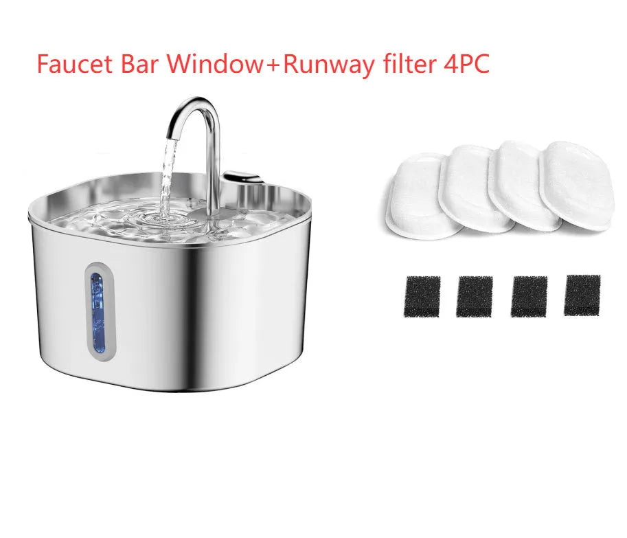 2.2L stainless steel smart pet water dispenser with faucet strip window, water pump and filter for dogs and cats