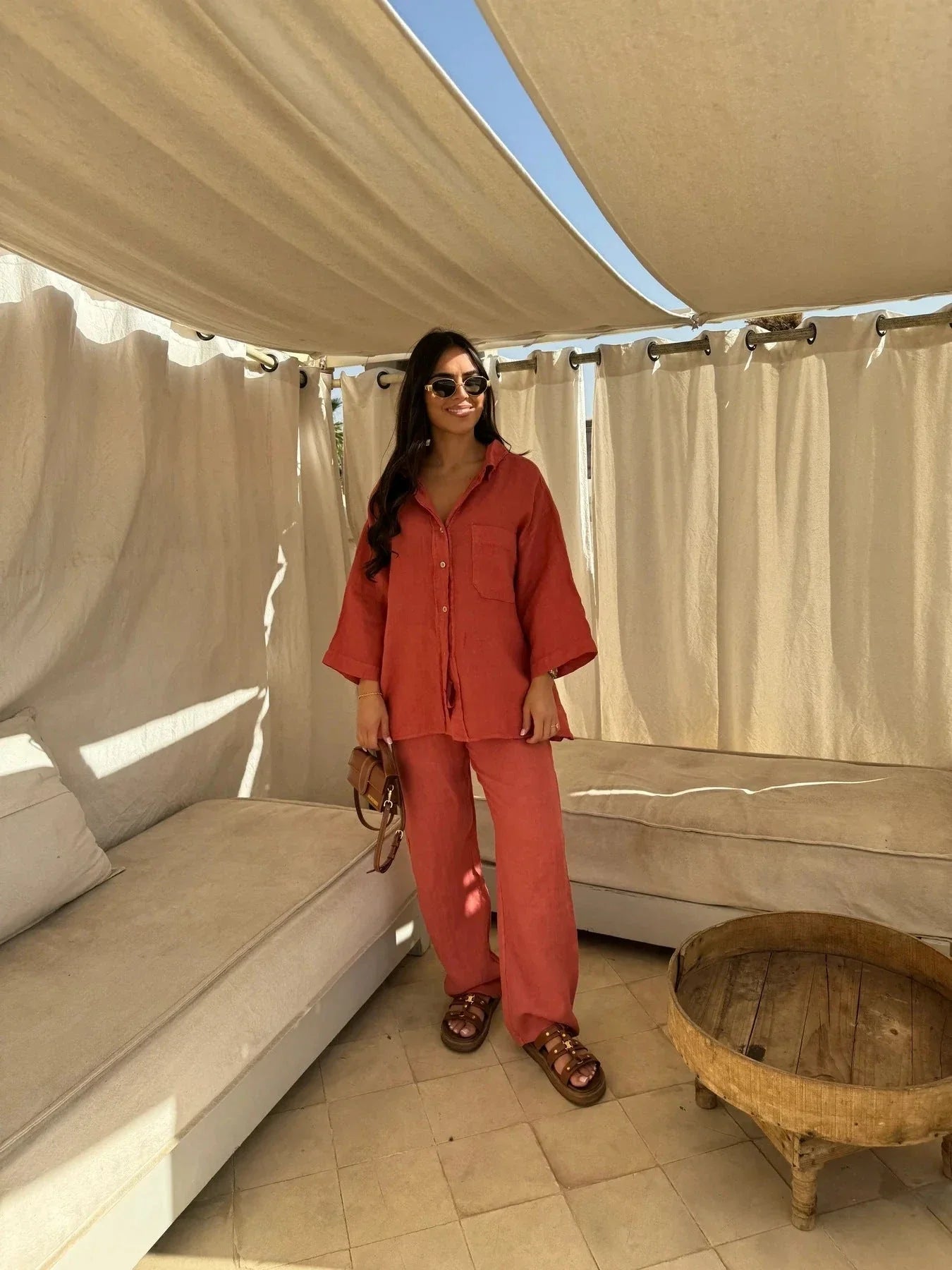 Stylish polyester wide-leg pants and long-sleeve shirt set in a variety of colors including beige, black, orange red, army green, and khaki