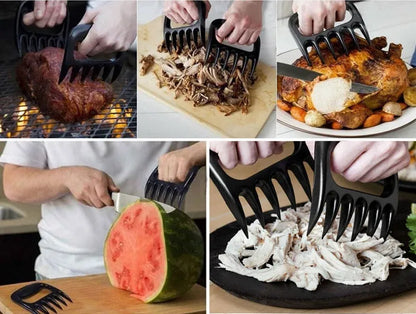 Two black bear claw meat shredding forks with non-slip grips for barbecue preparation