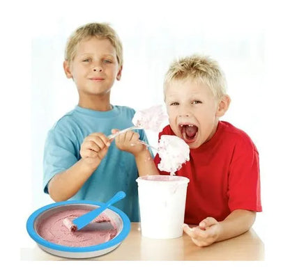Blue manual fried yogurt ice cream maker with ice tray and serving shovels