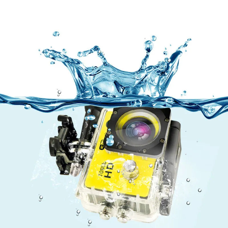 White waterproof sports camera next to its waterproof case and mounting accessory.
