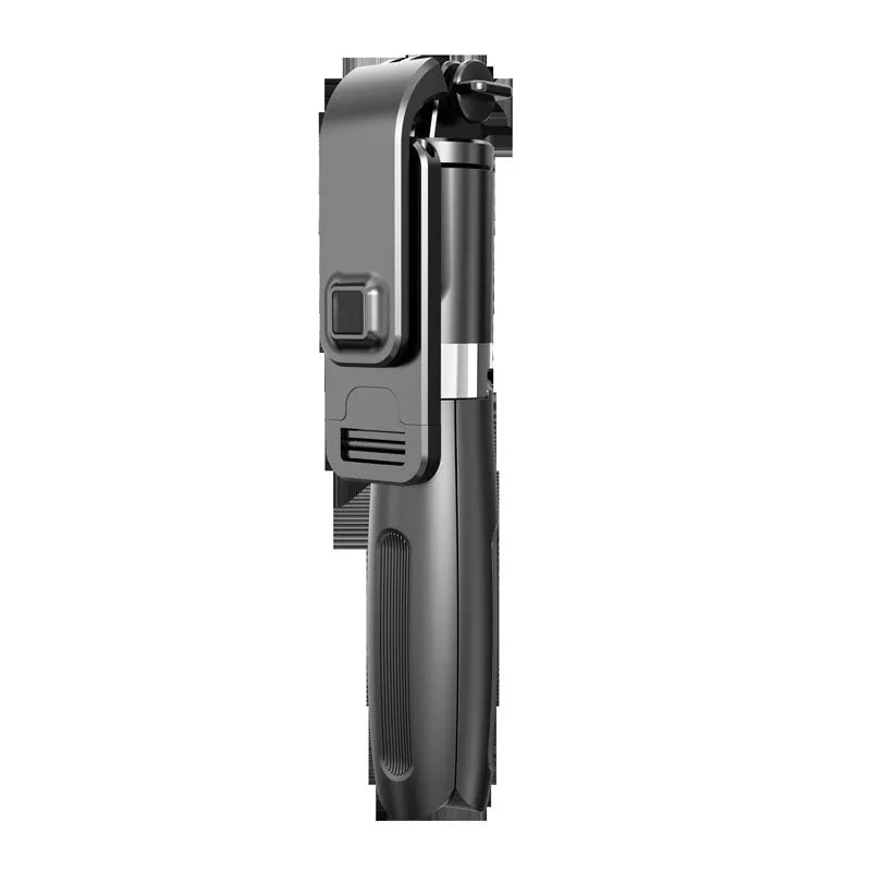 Black and white Bluetooth selfie stick extended with phone mounted, showing wireless remote and tripod base