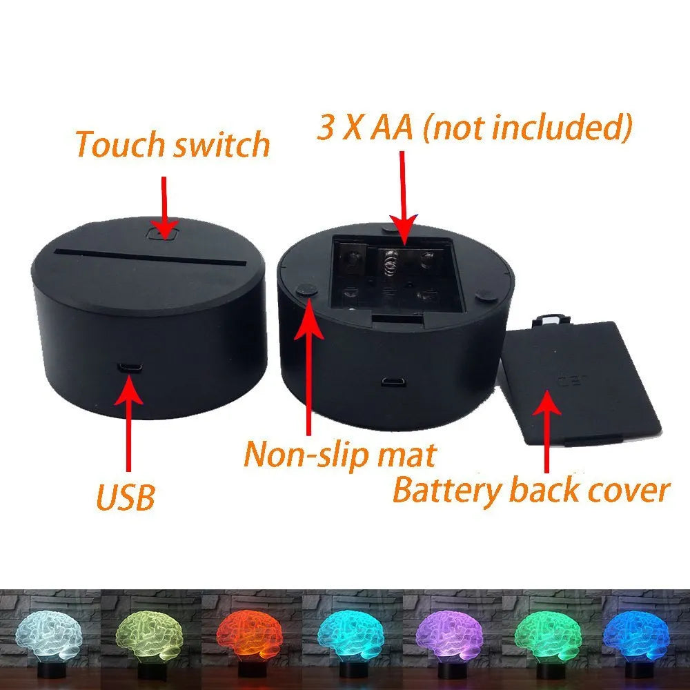 3D acrylic brain illusion LED lamp on black ABS base with remote control
