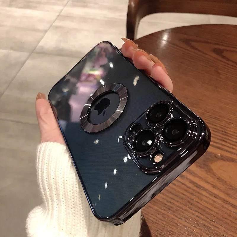 Electroplated silicone iPhone case with built-in camera lens protector shown in Far Peak Blue colour.