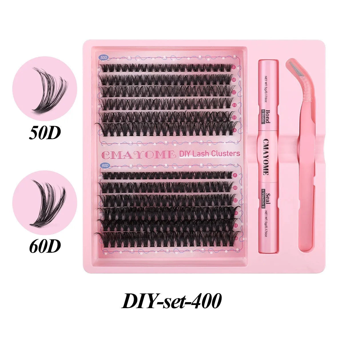 DIY single cluster false eyelashes set showing artificial fibre lashes in a natural thick, mixed split style.