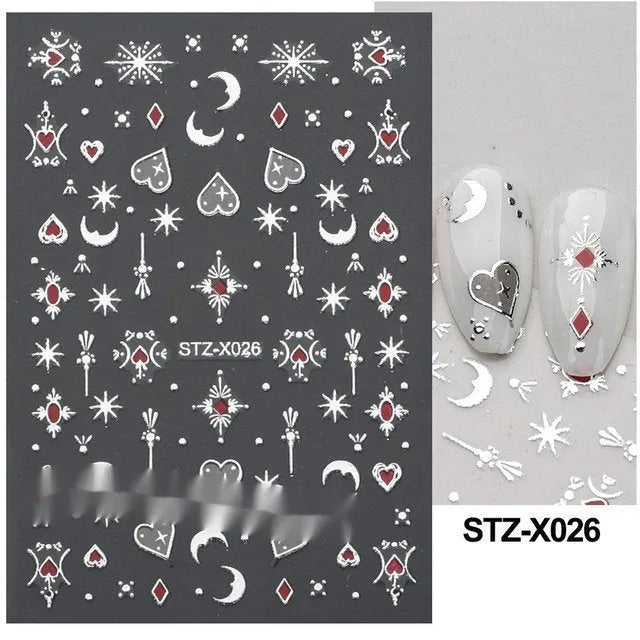 Assortment of black and silver nail sticker designs including cartoon and French tip patterns on a plastic sheet.