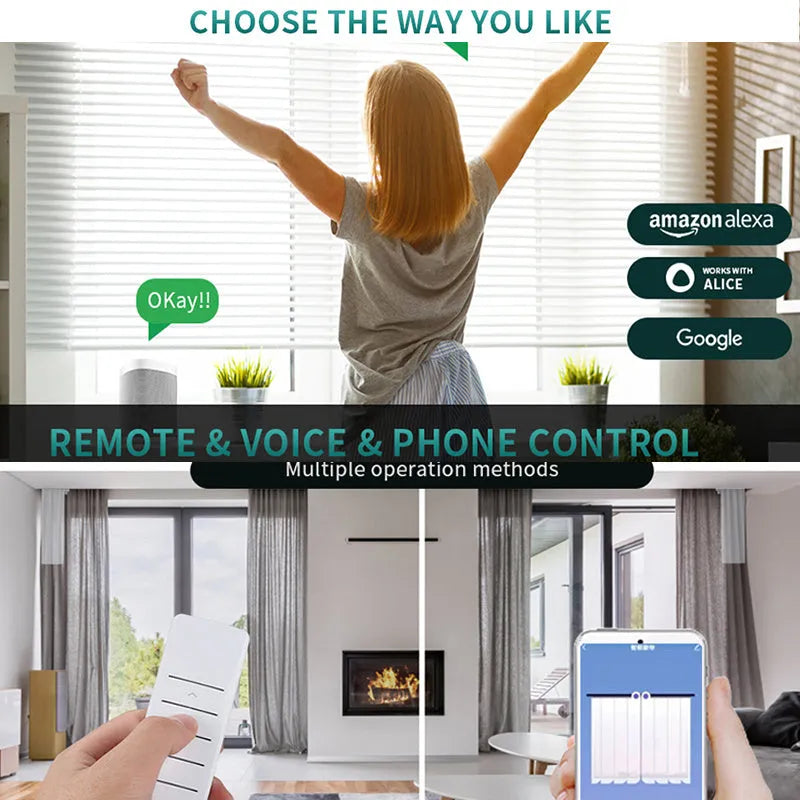 Smart curtain motor kit with rechargeable lithium battery, remote control, and voice assistant compatibility for track lengths from 2m to 6m in 0.5m increments using high-quality aluminium rail with 8 runners per metre supporting 40kg load