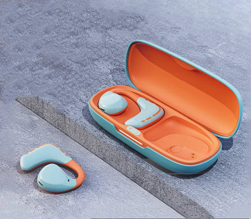 Blue and orange wireless Bluetooth sports headset with ear hook design for secure fit during activity
