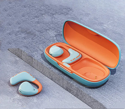 Blue and orange wireless Bluetooth sports headset with ear hook design for secure fit during activity