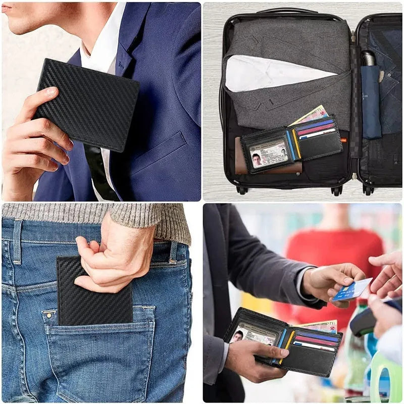 Men's black carbon fiber anti-magnetic wallet with PU leather outer, microfiber lining, and sewing line detail