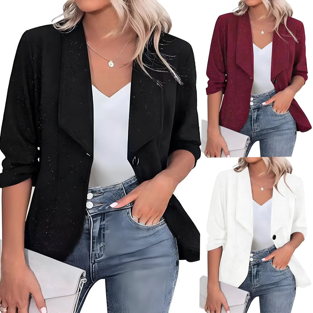 Slim fit long sleeve polyester cardigan jacket in black, white, or wine red.