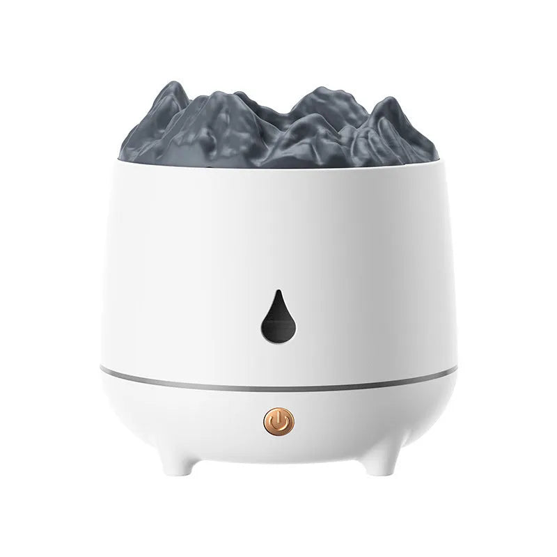 Volcano-shaped white ultrasonic humidifier with mist output on wooden surface