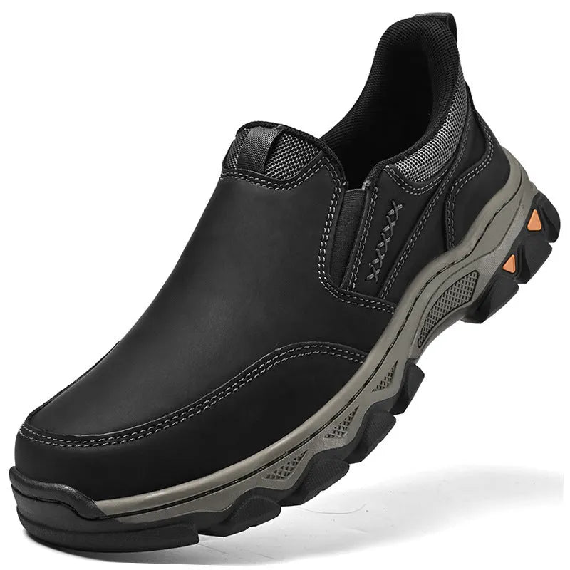 Men's round-toe casual leather shoes with a flat heel and rubber sole in black, brown, or grey.