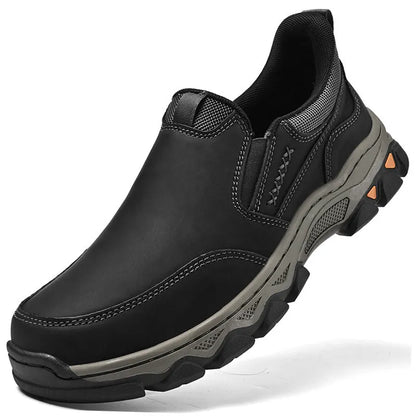 Men's round-toe casual leather shoes with a flat heel and rubber sole in black, brown, or grey.