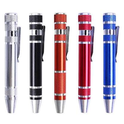 8-in-1 pen-type screwdriver set with aluminium handle and multiple coloured options on a white background.