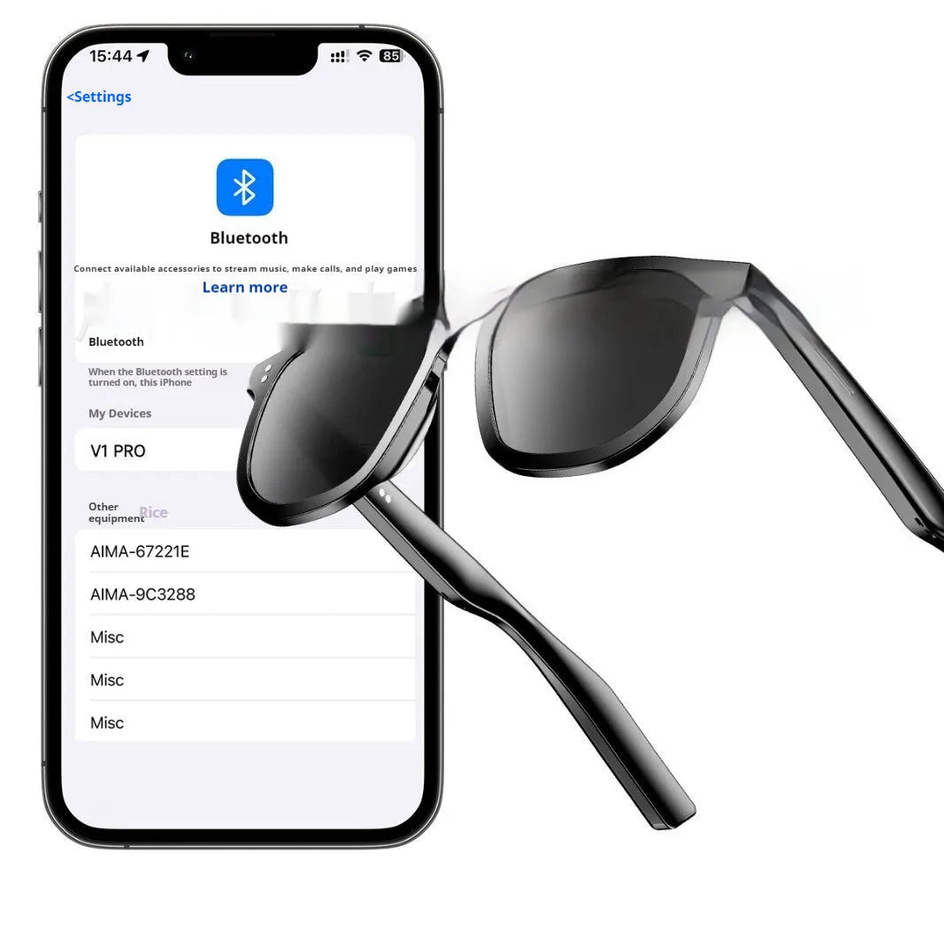 Black AI smart glasses with Bluetooth audio, touch controls on temple, and UV-protective lenses.