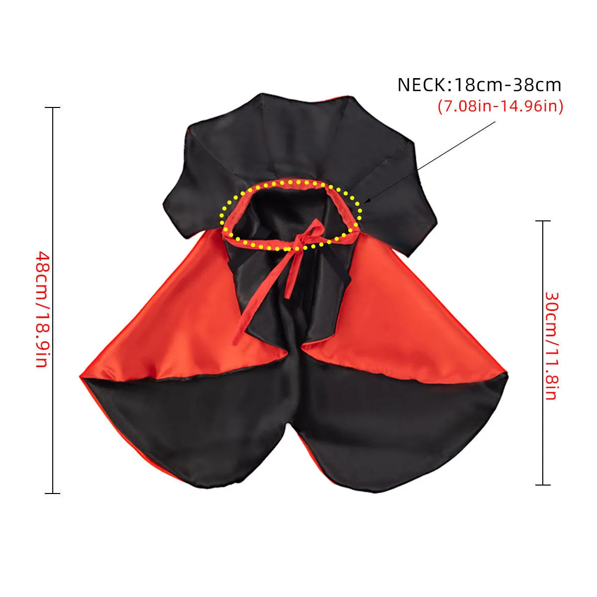 Red polyester Halloween cloak costume for a pet with an elastic neck closure.