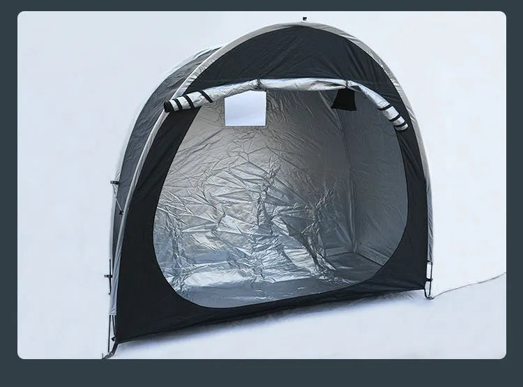 Large black outdoor roof tent for storing two bicycles, showing full assembly with brackets.