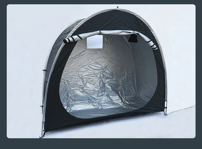 Large black outdoor roof tent for storing two bicycles, showing full assembly with brackets.