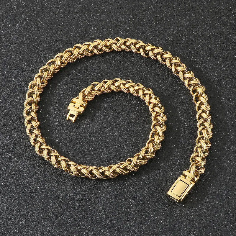 Men's antique silver titanium steel keel chain necklace with large geometric links on a black background.