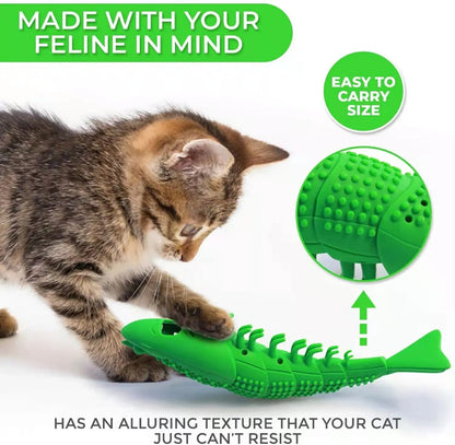Blue hard rubber cat chew toy with catnip and a bell for dental care and interactive play.