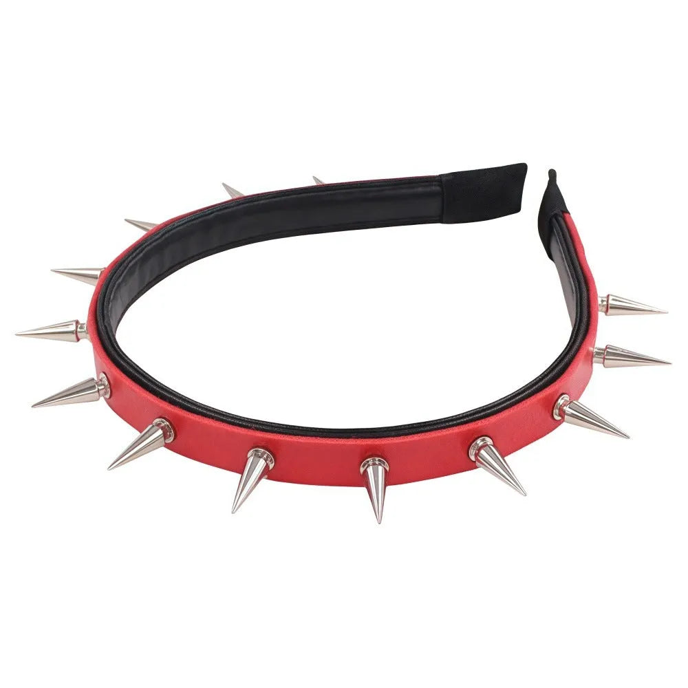 Handmade black punk metal headband with pointed nail heads and dotted rivet design