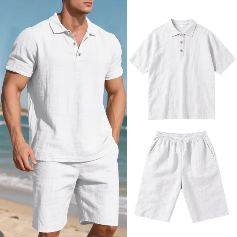 Men's light blue linen-blend short sleeve shirt and matching shorts casual summer suit set
