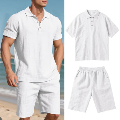 Men's light blue linen-blend short sleeve shirt and matching shorts casual summer suit set