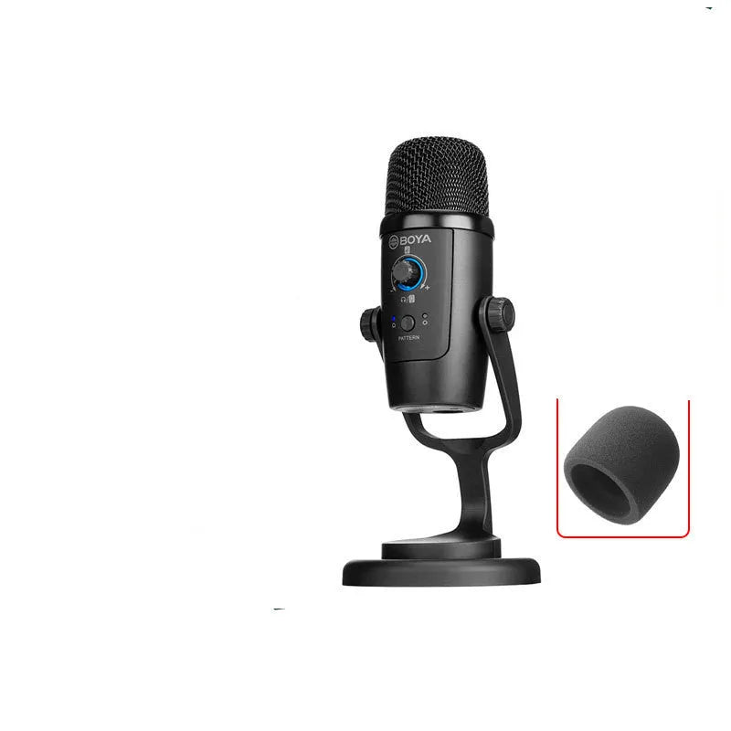 Black Boya BY-PM500 USB microphone with built-in sound card on a desktop.