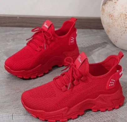 Women's Flyknit mesh casual sports shoes with flat heel and round toe in multiple colours