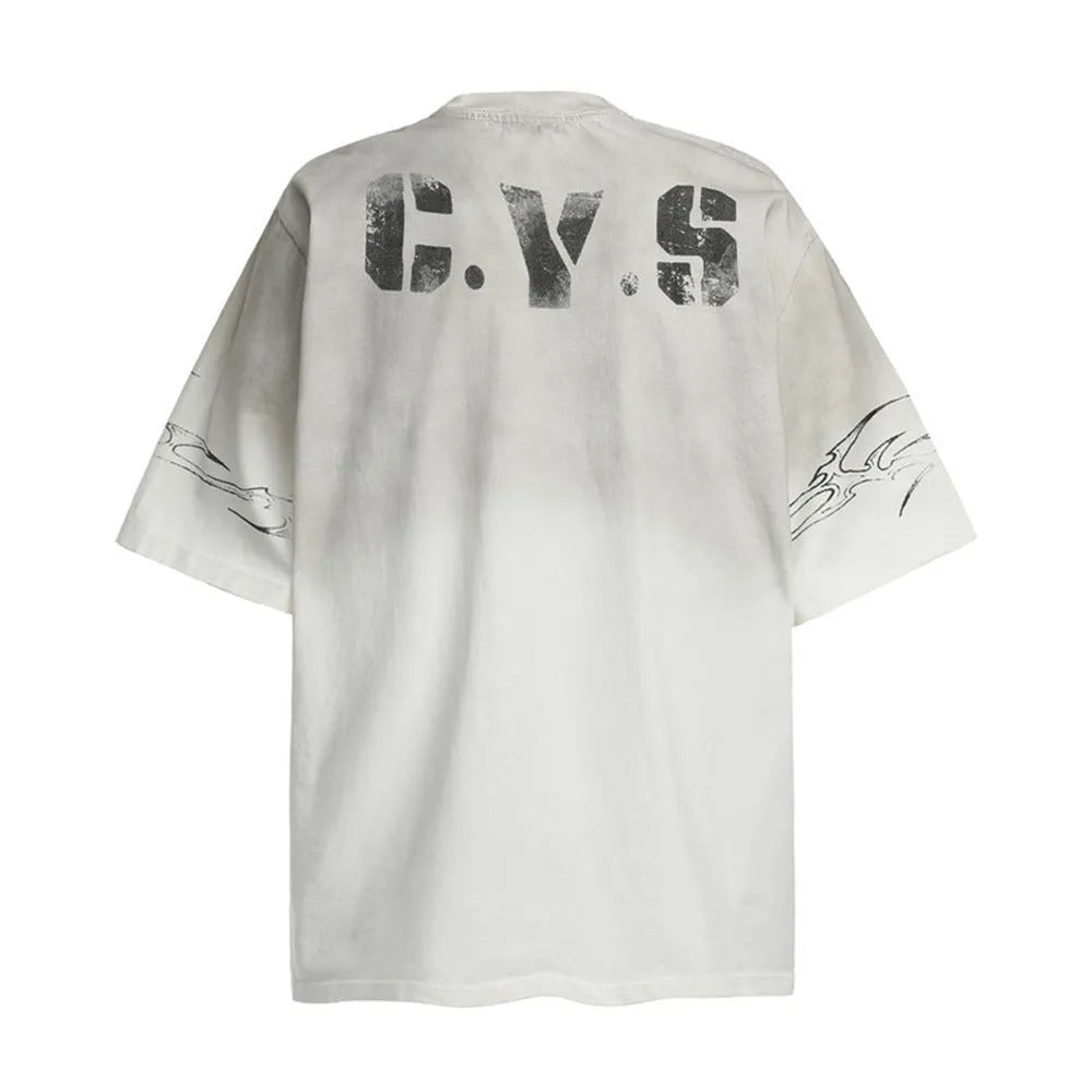 Men's black and white pure cotton short-sleeved T-shirt with printed design showing size options