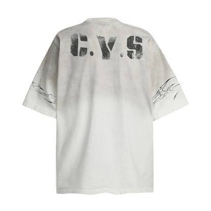 Men's black and white pure cotton short-sleeved T-shirt with printed design showing size options