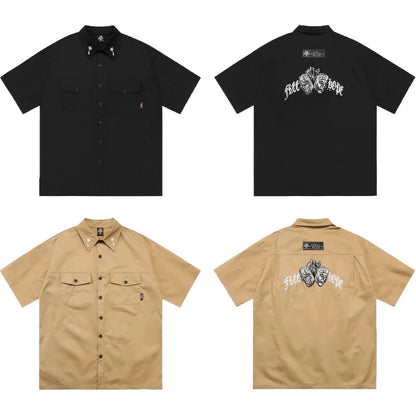 Men's black cotton blend loose fit half sleeve pocket shirt with embroidery
