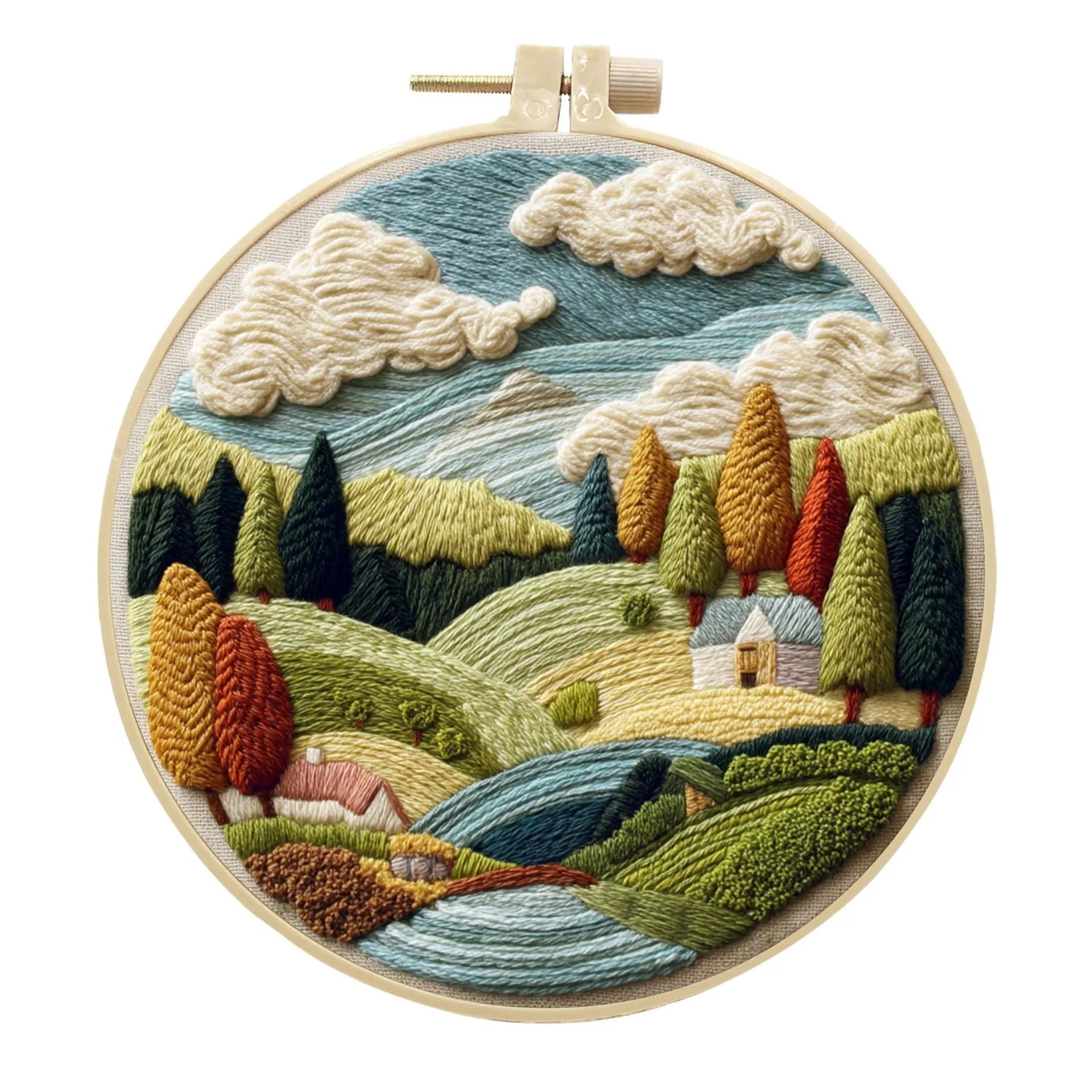 Complete DIY embroidery kit with 15cm bamboo frame, pre-printed landscape fabric, threads, and needles laid out.