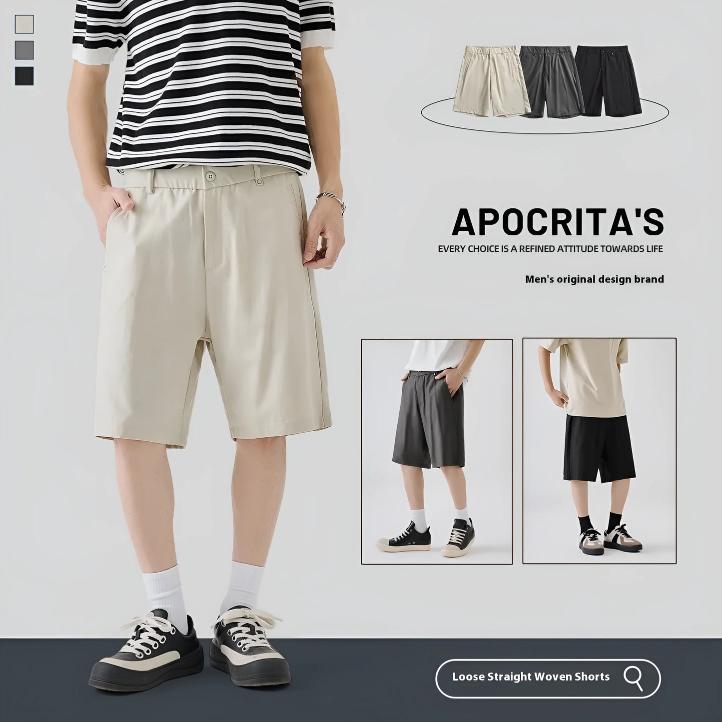 Men's loose-fitting lyocell cotton blend casual shorts in apricot, dark grey, and black colours