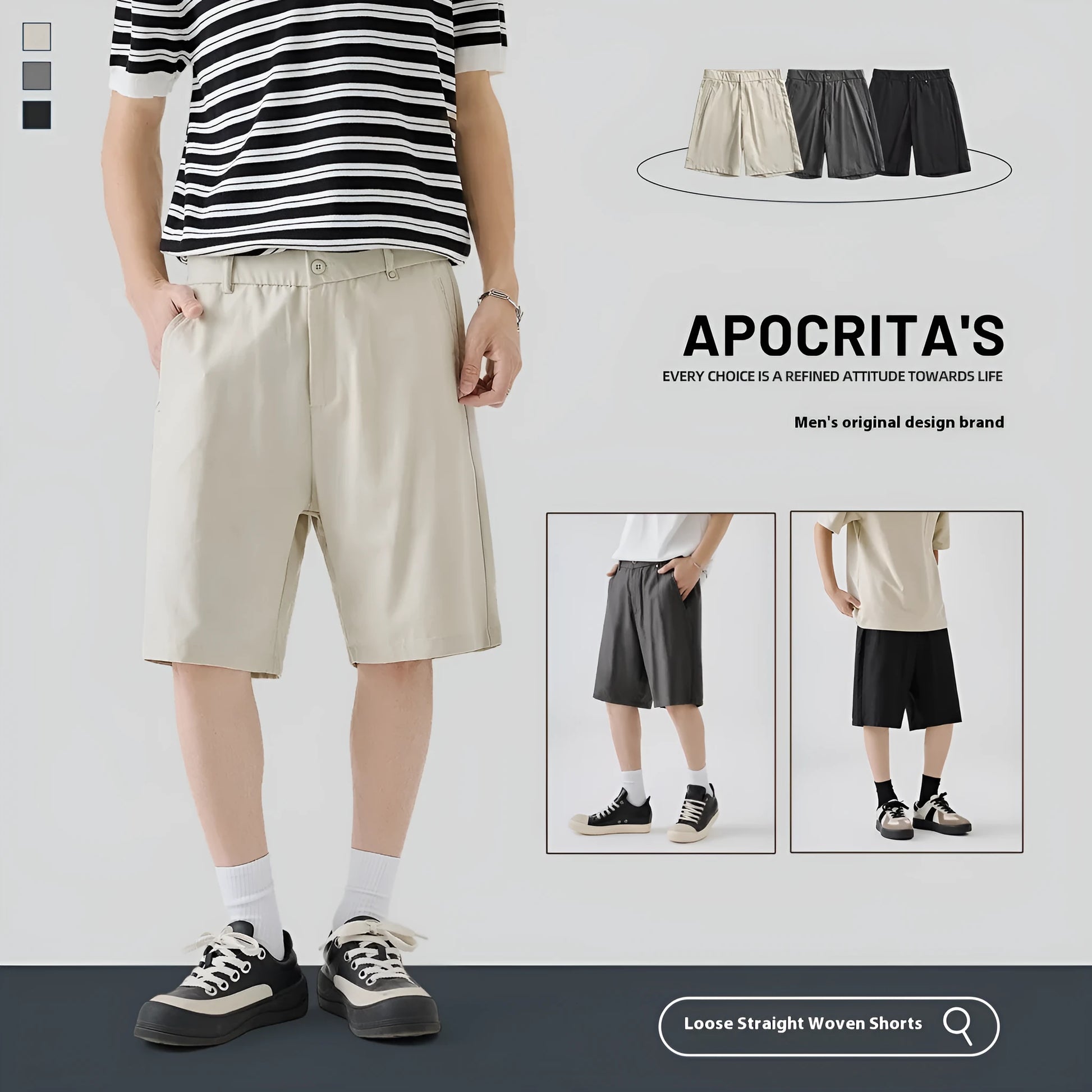 Men's loose-fitting lyocell cotton blend casual shorts in apricot, dark grey, and black colours