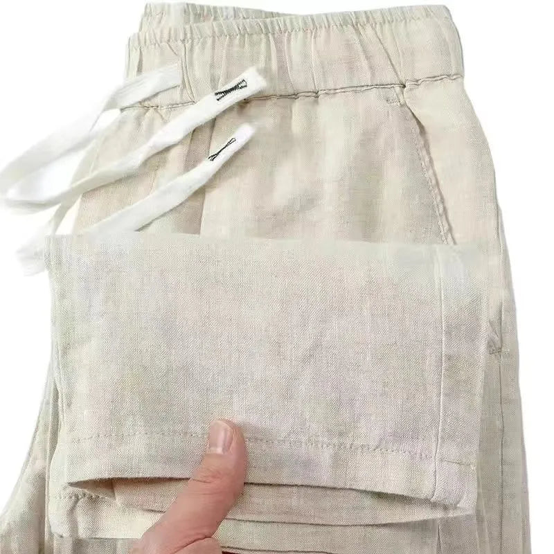 Pure linen Chinese-style straight-leg trousers with elastic drawstring waist in multiple colours