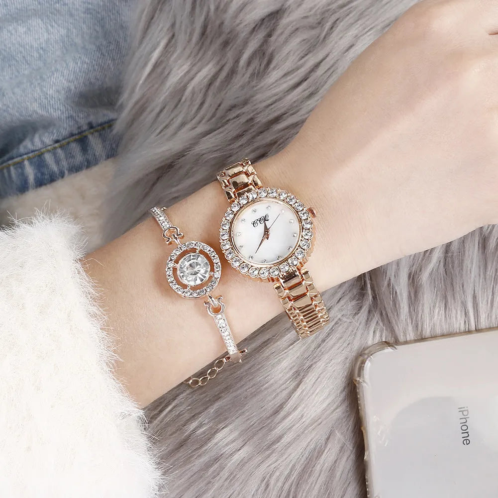 Women's diamond bracelet watch with 3cm round case, stainless steel strap, gold or silver, with bracelet and box option