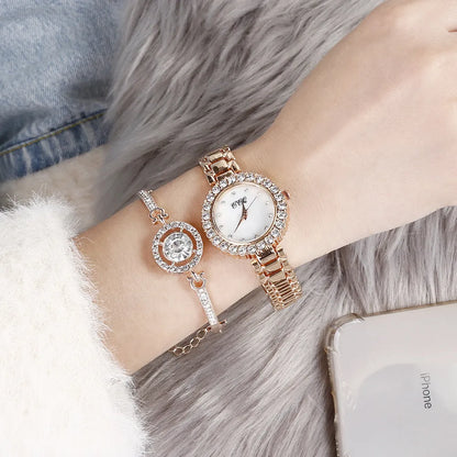 Women's diamond bracelet watch with 3cm round case, stainless steel strap, gold or silver, with bracelet and box option