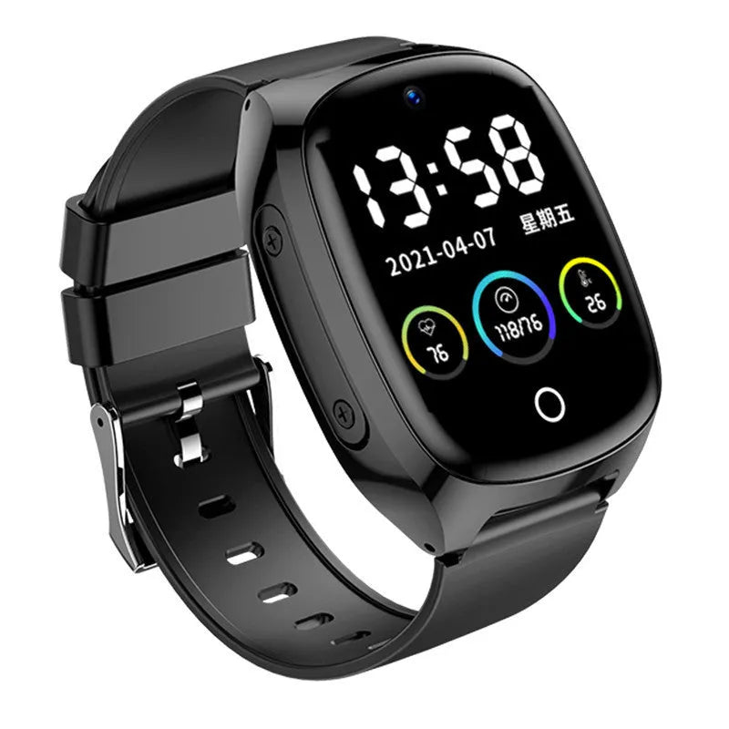 Black GPS smart watch with 1.54-inch touch screen showing SOS and health monitoring functions