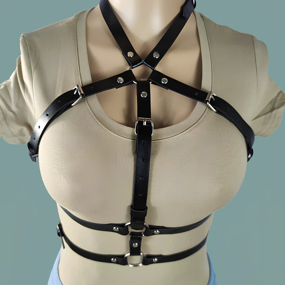 Black PU leather BDSM bondage harness set with adjustable straps and four restraint components