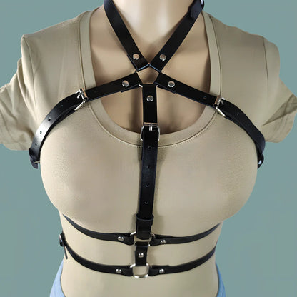 Black PU leather BDSM bondage harness set with adjustable straps and four restraint components