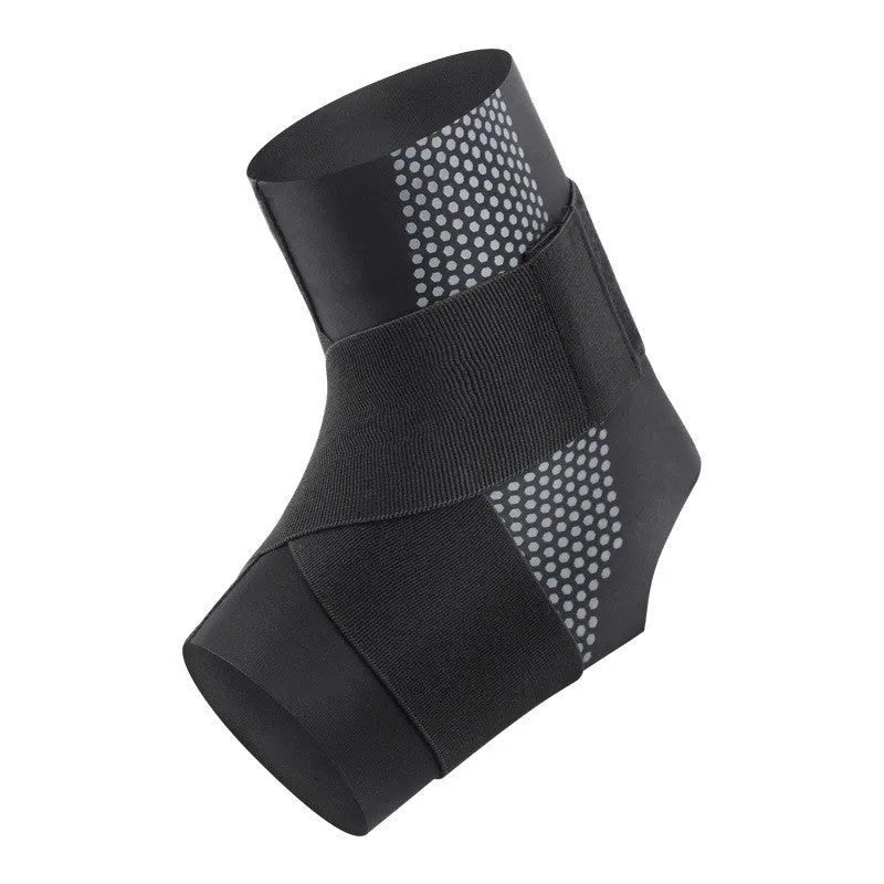 Black Lycra ankle support brace worn on an adult ankle.