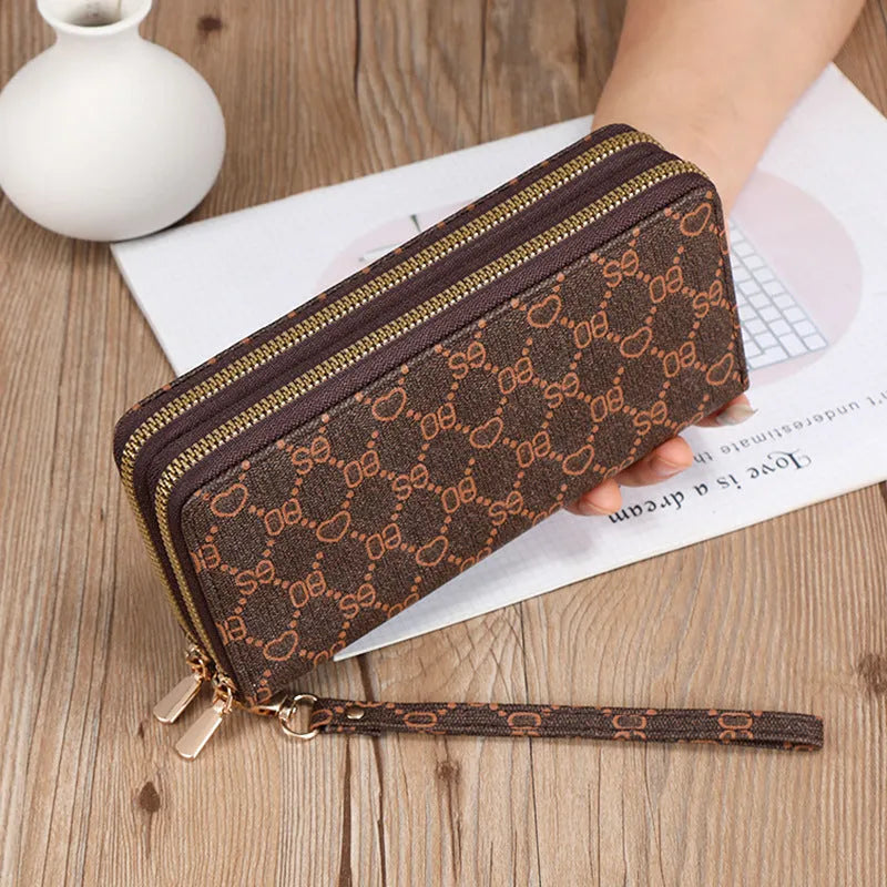 Black European retro style PU leather long wallet clutch open to show mobile phone pocket, coin purse, and zipper compartments
